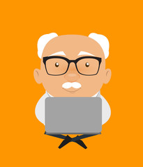 Old Boss Businessman - Sitting and Working on Laptop