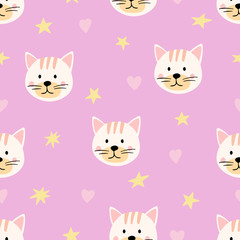 Obraz na płótnie Canvas Cute seamless pattern with cat faces and stars. Background for kids with animals - cat. Perfect for textile, fabric, manufacturing etc. Vector illustration