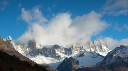 The Mount Fitzroy covered by clouds seen from the Lagoon Capri, National Park de los Glaciares, Argentina