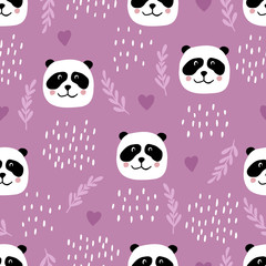Cute seamless pattern with panda faces, plants and hearts. Background for kids with wild animals - panda. Vector illustration