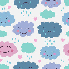Obraz premium Cute hand drawn seamless pattern with clouds. Background for kids with smiling clouds. Vector illustration