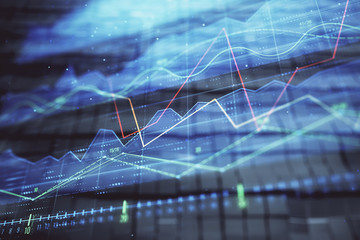 Financial chart hologram with abstract background. Double exposure. Concept of market analysis