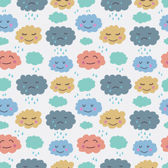 Cute hand drawn seamless pattern with clouds. Background for kids with smiling clouds. Vector illustration