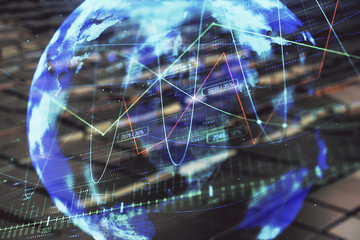 Financial chart hologram with globe and abstract background. Double exposure. Concept of market analysis