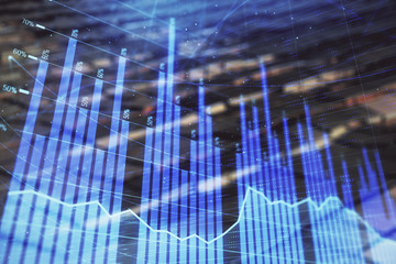 Financial chart hologram with abstract background. Double exposure. Concept of market analysis
