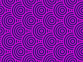 Fond de cercles répétitifs qui se chevauchent rose et bleu. Modèle sans couture de cercles de style japonais. Texture répétée sans fin. Carreaux de motif ondulé géométrique abstrait en spirale moderne. Illustration vectorielle.