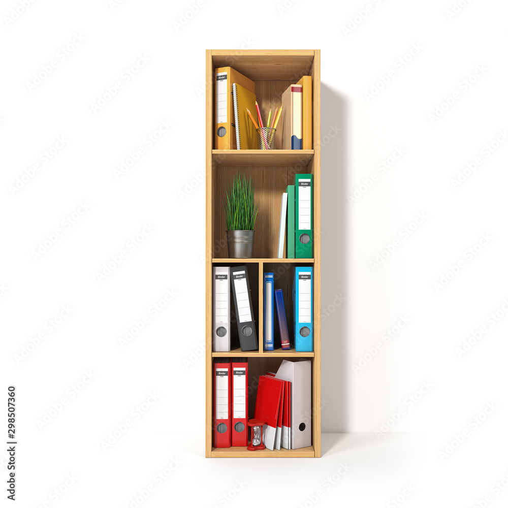 Poster letter i. alphabet in the form of shelves with file folder, binders and books isolated on white. arc