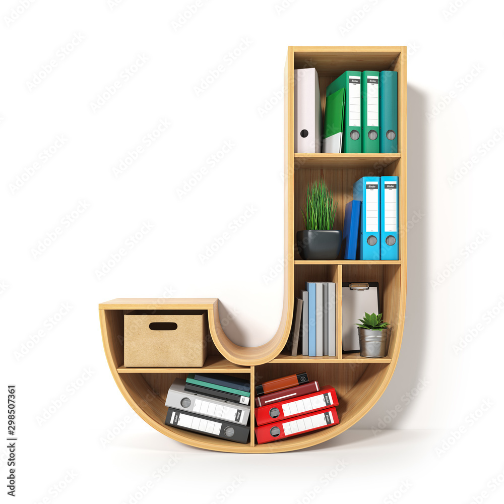Poster Letter J. Alphabet in the form of shelves with file folder, binders and books isolated on white. Archival, stacks of documents at the office or library.