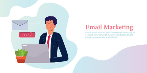 Fototapeta na wymiar Businessman send email. Email marketing corporate communication letter modern company employee on laptop manage inbox electronic mail.