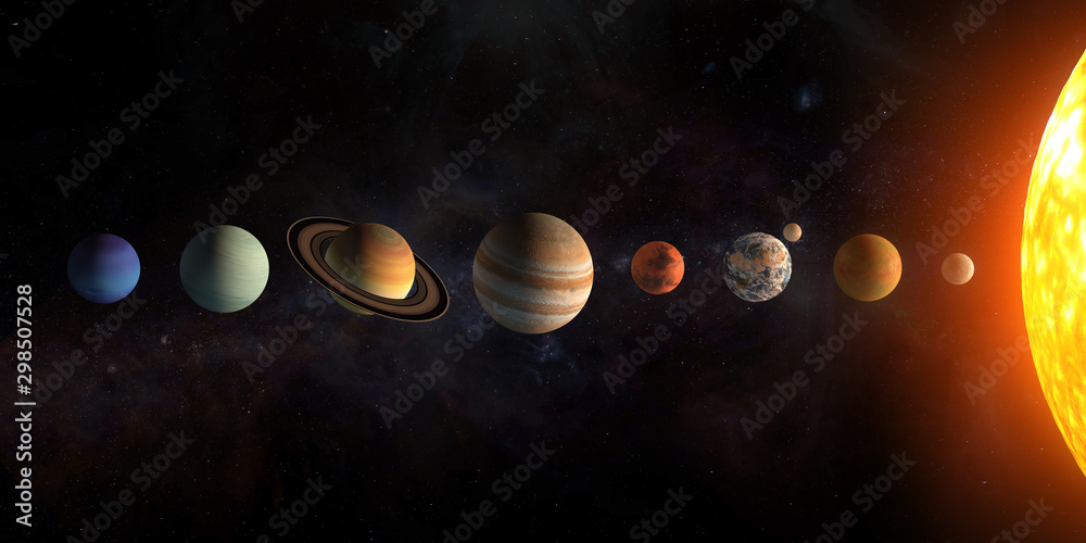 Wall mural solar system planets set. the sun and planets in a row on universe stars background.elements of this