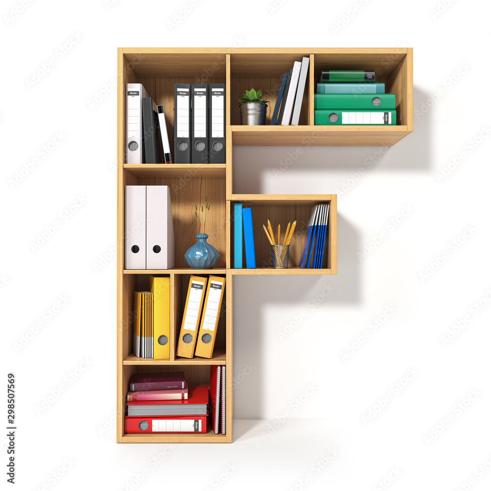 Poster letter f. alphabet in the form of shelves with file folder, binders and books isolated on white. arc