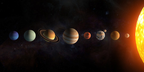 Fototapeta Solar system planets set. The Sun and planets in a row on universe stars background.Elements of this image furnished by NASA. obraz