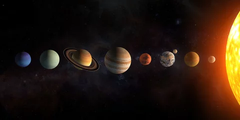 Fototapeten Planeten des Sonnensystems eingestellt. Die Sonne und die Planeten in Folge auf dem Hintergrund der Universumsterne. Elemente dieses von der NASA bereitgestellten Bildes. © Maksym Yemelyanov