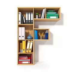 Letter F. Alphabet in the form of shelves with file folder, binders and books isolated on white. Archival, stacks of documents at the office or library.