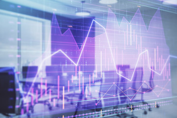 Double exposure of forex chart on conference room background. Concept of stock market analysis