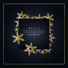 Elegant and minimalist Christmas card or poster design. Gold snowflakes on dark background. Square format