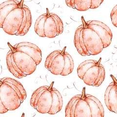 Wallpaper murals Watercolor set 1 Hand drawn watercolor pumpkins fall seamless pattern on isolated white background. Watercolor illustration. Hand drawing. It is perfect for thanksgiving cards or posters, hal