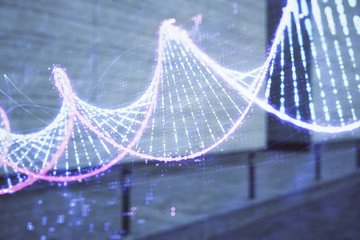 Double exposure of DNA hologram on empty exterior background. Concept of education