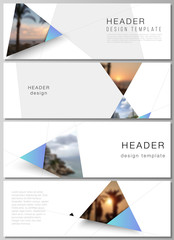The minimalistic vector illustration of the editable layout of headers, banner design templates. Creative modern background with blue triangles and triangular shapes. Simple design decoration.
