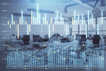 Stock and bond market graph with trading desk bank office interior on background. Multi exposure. Concept of financial analysis