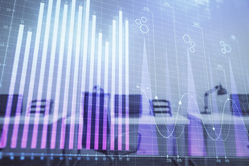 Stock and bond market graph with trading desk bank office interior on background. Multi exposure. Concept of financial analysis