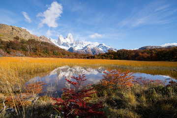 Mount Fitzroy with the autumn colors of vegetation around the lagoon Capri, National Park of Los Glaciares, Argentina