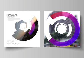 The minimal vector layout of two square format covers design templates for brochure, flyer, magazine. Futuristic design circular pattern, circle elements forming geometric frame for photo.