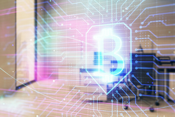 Cryptocurrency theme drawing with office interior background. Double exposure. Concept of blockchain.