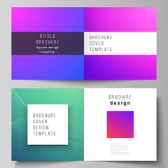 The vector illustration of editable layout of two covers templates for square design bifold brochure, magazine, flyer, booklet. Abstract geometric pattern with colorful gradient business background