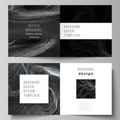 The black colored vector illustration layout of two covers templates for square design bifold brochure, magazine, flyer, booklet. Smooth smoke wave, hi-tech concept black color techno background.