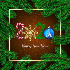 New Year 2020. Greeting card with 2020 lettering. Candy and golden glitter snowflake New Year tree branch and Christmas ball. Gold frame and pine branches background. Vector