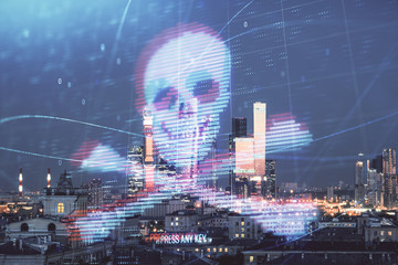 Double exposure of hacking theme drawing hologram on cityscape background. Concept of data cyber piracy