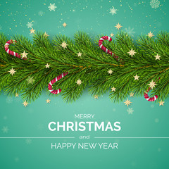Merry Christmas and Happy New Year. Christmas Tree Branches Decorated with Golden Stars and Snowflakes and Candy Canes. Holiday Decoration Element with Wishes. Vector