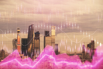 Double exposure of financial graph on downtown veiw background. Concept of stock market research and analysis