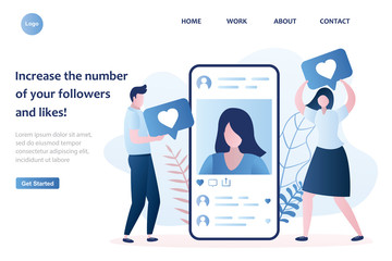 Male and female followers gives like. Social network communication landing page template. - obrazy, fototapety, plakaty
