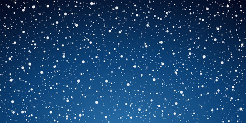 Snow blue background. Christmas snowy winter design. White falling snowflakes, abstract landscape. Cold weather effect. Magic nature fantasy snowfall texture decoration Vector illustration