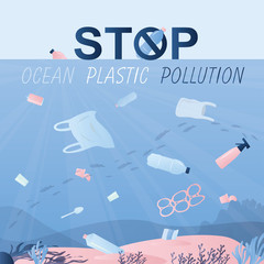Underwater world with plastic trash and various garbage. Stop ocean plastic pollution