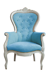Isolated powder blue armchair with white wooden elements. Vintage glamorous blue armchair....