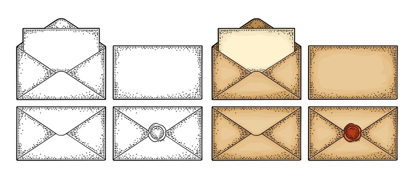 Set paper envelopes different views. Vector color vintage engraving