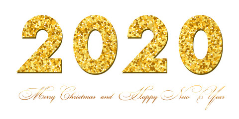 Merry Christmas card. Gold number 2020 with text, isolated on white background. Golden texture holiday design. Happy New Year celebration, decoration. Invitation greeting banner. Vector illustration