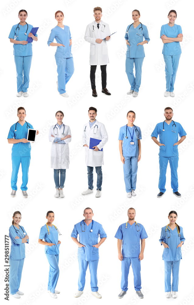 Wall mural Collage of people in uniforms on white background. Medical staff