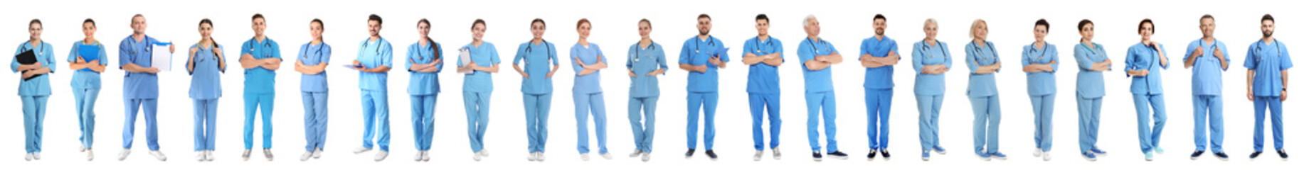 Collage von Menschen in Uniformen auf weißem Hintergrund. Medezinische Angestellte