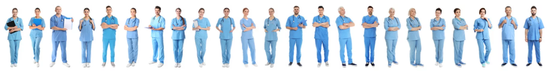 Abwaschbare Fototapete Artz Collage von Menschen in Uniformen auf weißem Hintergrund. Medezinische Angestellte