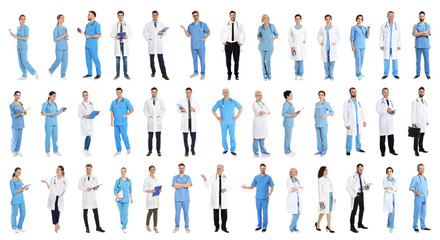 Collage of people in uniforms on white background. Medical staff