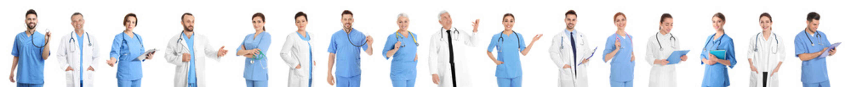 Collage Of People In Uniforms On White Background. Medical Staff