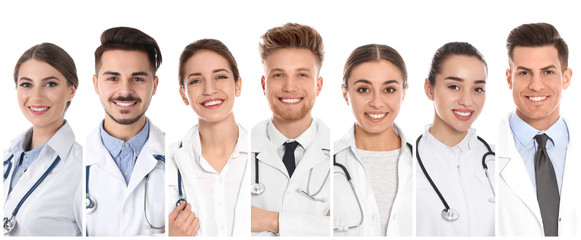 Collage of people in uniforms on white background. Medical staff