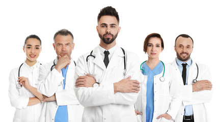 Fototapeta premium Group of people in uniforms on white background. Medical staff