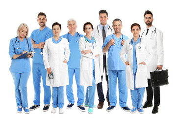 Group of people in uniforms on white background. Medical staff
