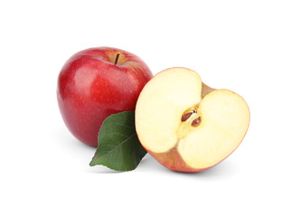 Ripe juicy red apples with leaf on white background