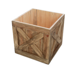 Old open wooden crate isolated on white